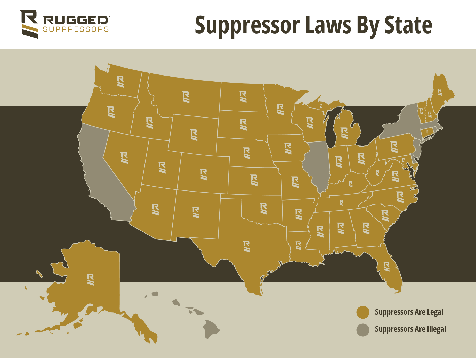 Infographic showing which states suppressors are legal to own. 